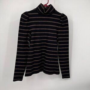 Veronica Beard Cedar Turtleneck Puff Sleeve Top Size S Black Metallic Stripe